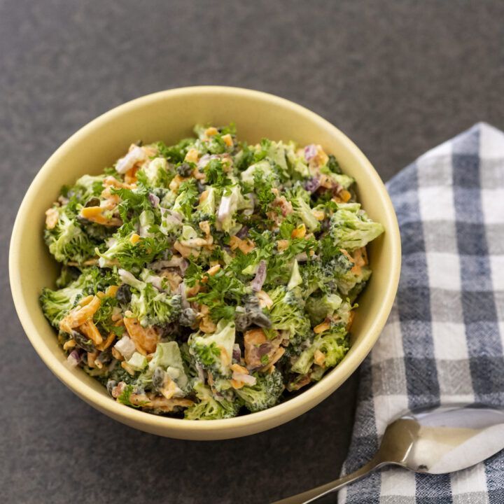 mixed broccoli salad with cheese and bacon