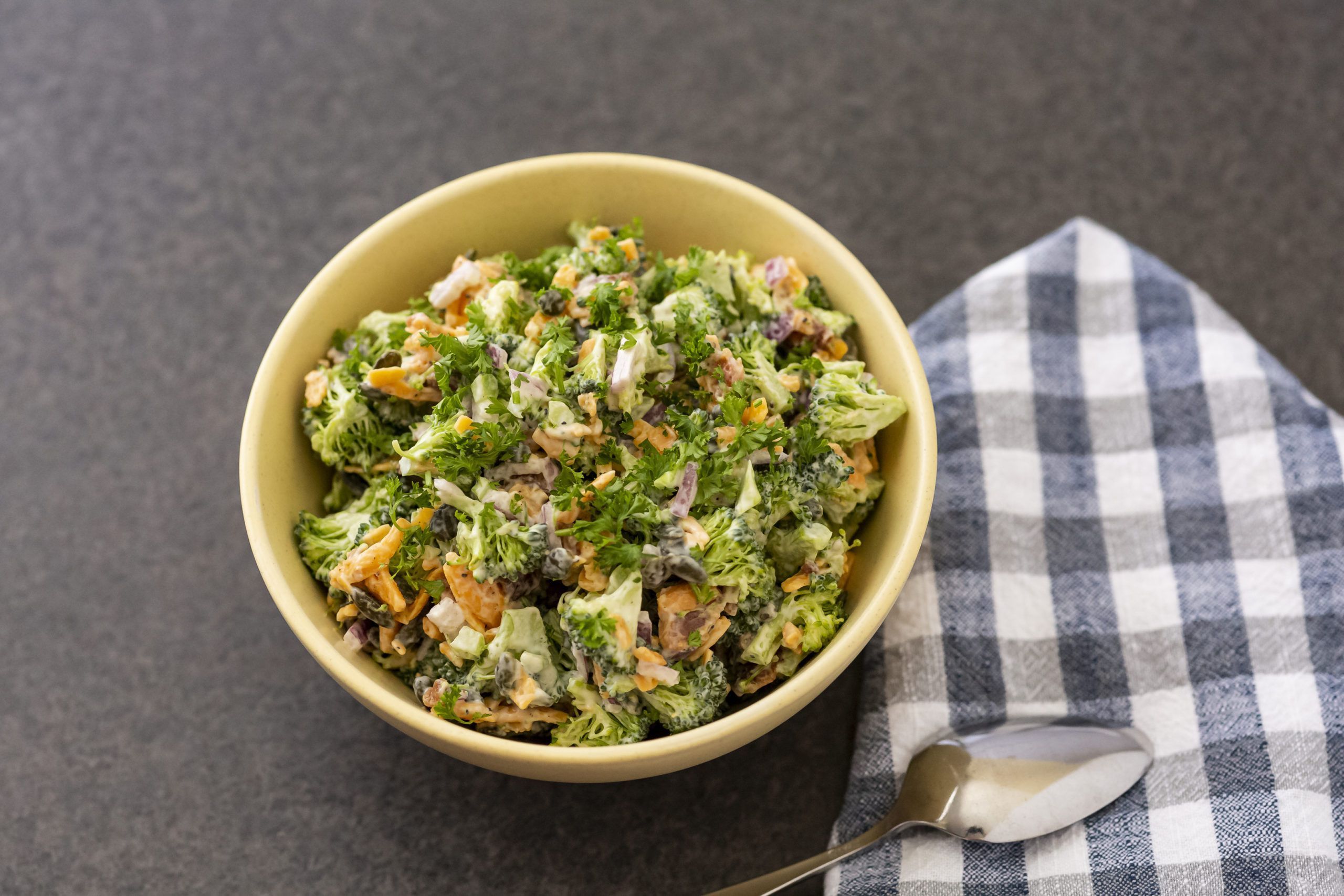 mixed broccoli salad with cheese and bacon